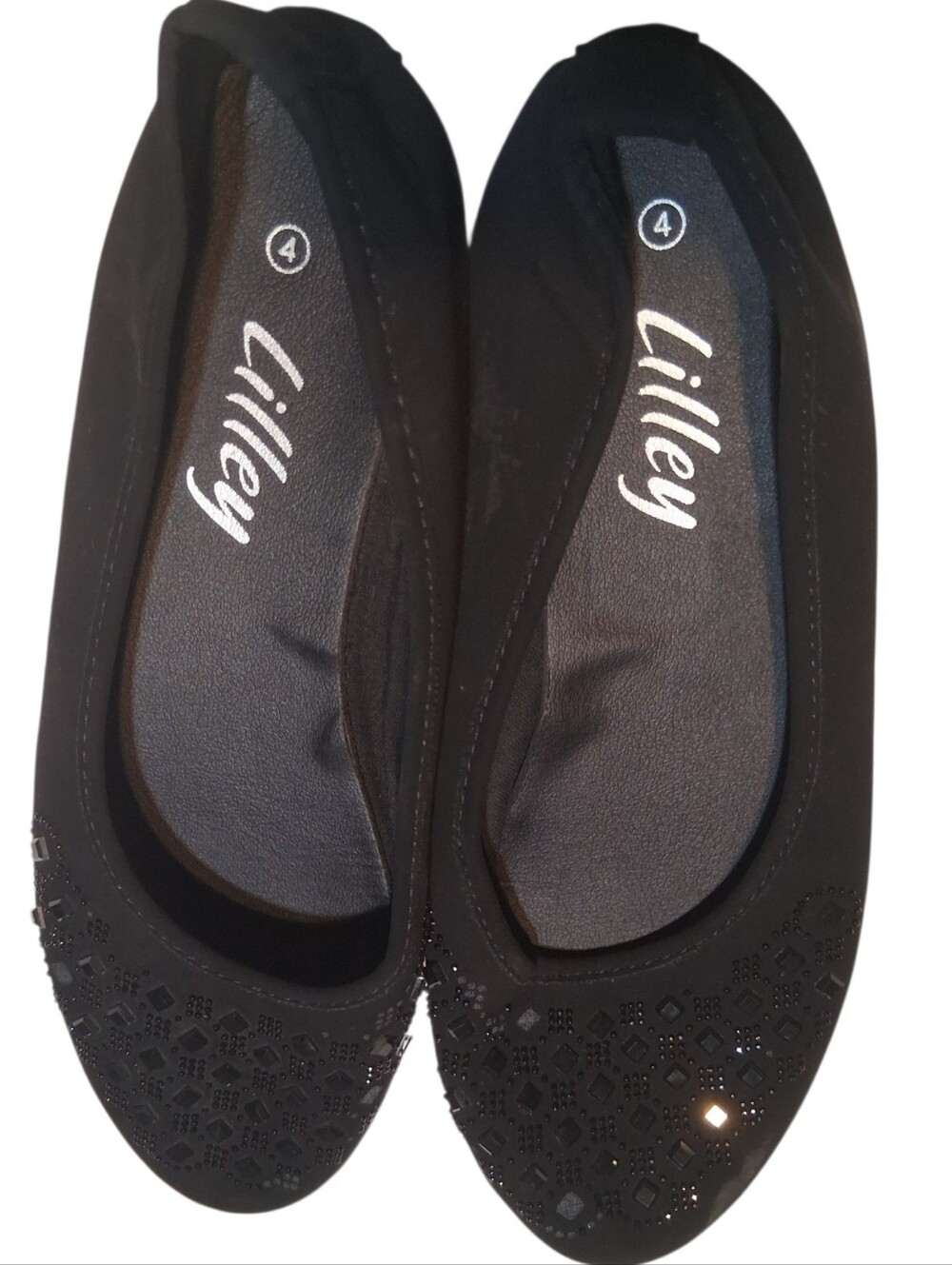 Lilley Black Embellished Ballet Flats Rhinestone Slip-On Shoes Size 4 Comfy